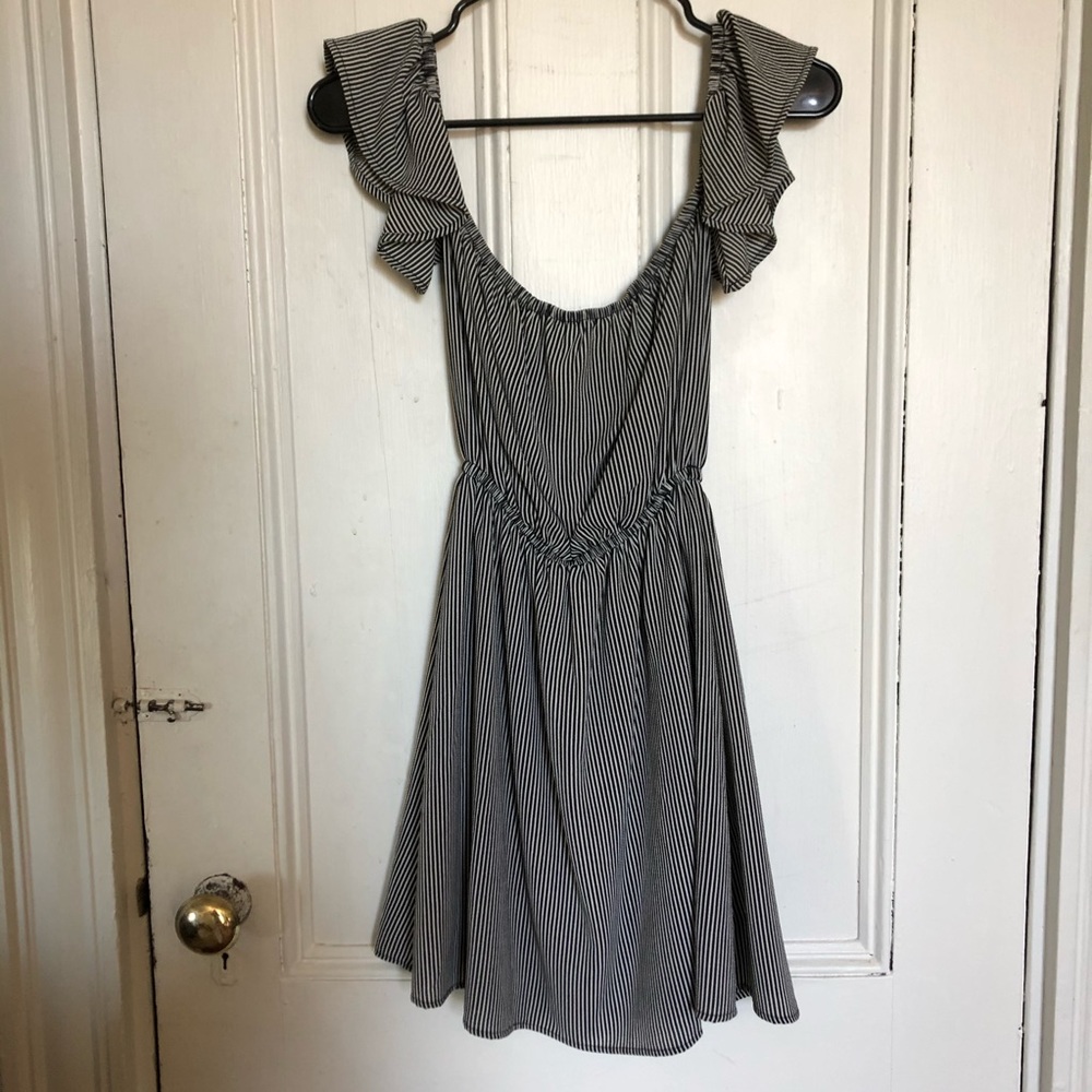 off the shoulder pin stripe mini dress